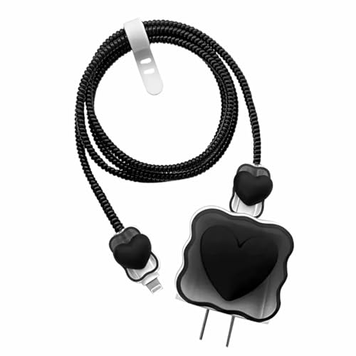 Image of INEFABLE Charger Case Cover Protector with 3D Cute Pattern for iPhone Charger only 18W & 20W, Data Charging Cable Wire Saver Protective Cable Cover Full Protection - Set Of 1 (Black heart)
