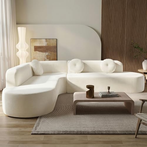 Brabrety Mirod 122'' Extra Large Sectional Sofa Soft Fabric Upholstery, Elegant Curved Design with Three Round Cushions, Supportive Comfort Foam for Ultimate Relaxation (Beige@040)