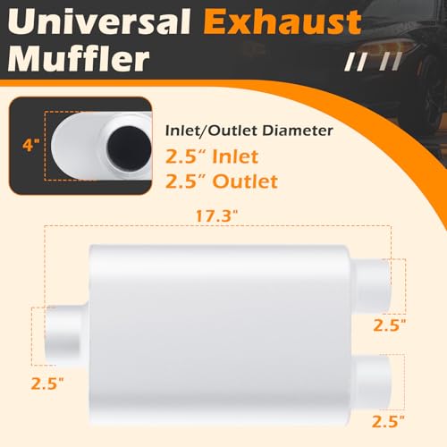 Image of A-KARCK Universal Exhaust Muffler 2.5 inch Center Inlet 2.5 inch Dual Outlet, 17.3 inch Overall Length Aluminized Steel Aggressive Sound Race Muffler for Cars, Trucks