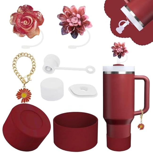 Stanley Cup Accessories Set,Including 2 Pcs 0.4in Straw Cover, 1 Silicone Spill-Proof Stopper Set of 3, 1 Cute Flower Handle Charm, 1 Silicone Boot Fits Stanley 40&30 Oz Tumbler (Cream)