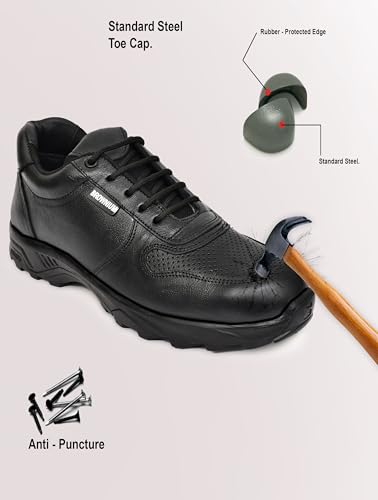 Image of Men's Black Industrial Safety Shoes, Size 10, Steel Toe, Oil Resistant Sole, Genuine Leather, Breathable, Comfortable, Lightweight