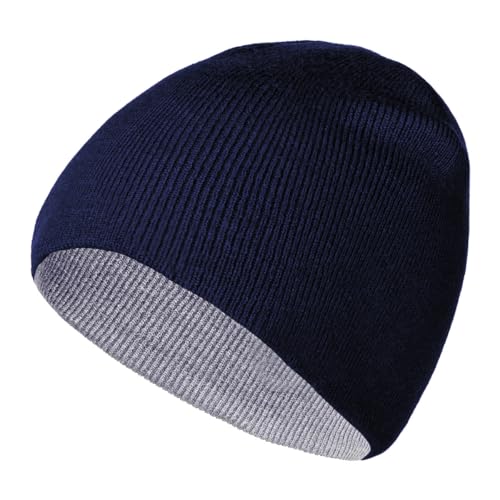 ZOORON Beanie for Women Men Reversible Winter Hats Unisex Cuffed Skull Knit Hat Cap Warm Fisherman Beanies LightGrey Navy