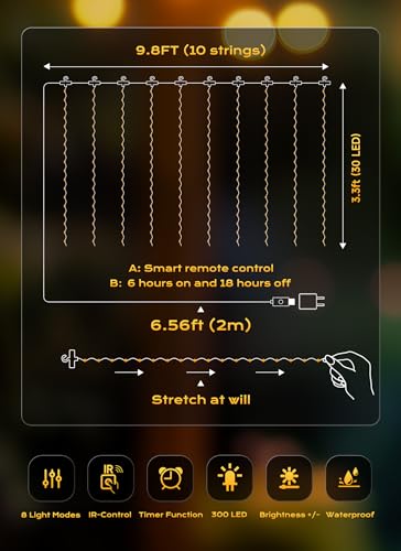 Brightown Curtain String Lights, Hanging Fairy Lights with Remote, 8 Modes, Waterproof Window Lights for Bedroom Backdrop Wedding Outdoor Christmas Party, White, 300LEDs