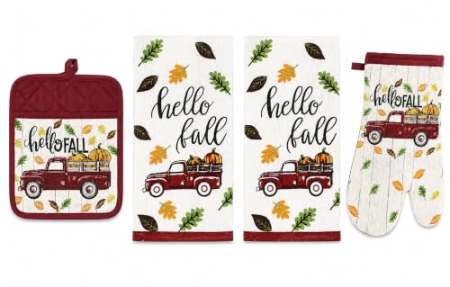 Serafina Home Hello Fall Farm Truck Kitchen Towels and Pot Holder 4 Pc Set: Autumn Harvest Pumpkins...