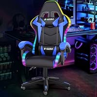 Ergonomic Gaming Chair with LED Lights, Headrest, Lumbar Support, Reclining Backrest, and Adjustable Height for Adults (With Led Light, Blue)