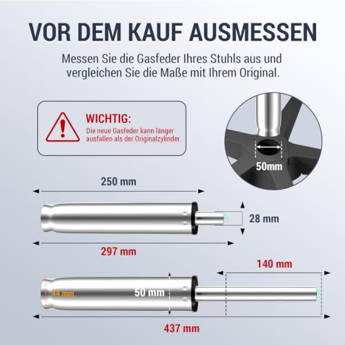 Mastery Mart Gasdruckfeder Bürostuhl Lang 297mm - 437mm, Gasdruckdämpfer Belastbar bis 450 kg, Bürostuhl Ersatzteile, TÜV, Klasse 4… – Ansicht 3
