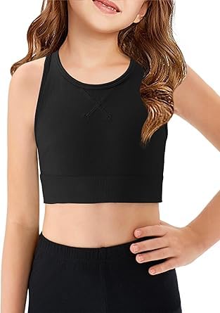 Haloumoning - Sujetador deportivo para niñas, de espalda en U, para entrenamiento, bustier de cuello redondo, sin abdomen, para yoga, ballet, danza, bralette, camiseta, Negro , 7-8 años