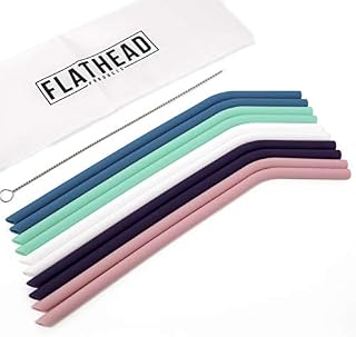 Flathead Set of 10 Reusable Silicone Drinking Straws - Extra long for 30oz