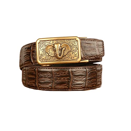 RGWYGCG Western cowboy pure copper buckle belt, men's small elephant head buckle leather youth pure cowhide belt men's personality jeans belt,Brown,120CM/47.3''