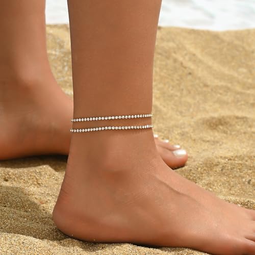 Image of 18K Gold Plated Anklets for Women Dainty Non Tarnish Ankle Bracelets Cuban Link Chain Anklets Layered Heart Beads Rhinestone Anklet Trendy Foot Jewelry