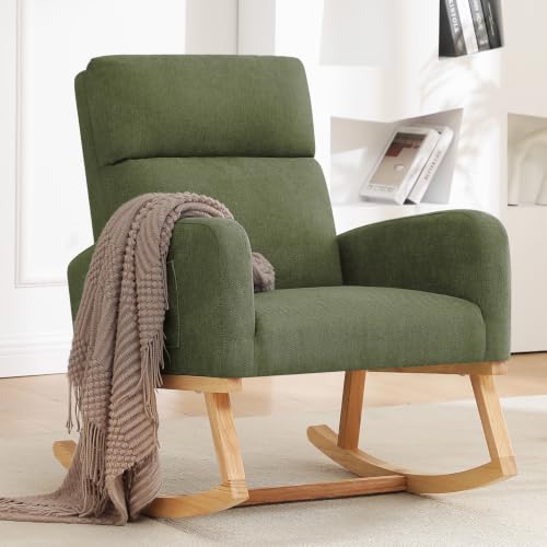 Image of HCHAIRH Rocking Chair Nursery, Upholstered Fabricr Nursing Rocking Chairs with Soft High Back, Modern Nursery Glider Rocker for Mom Living Room, Bedroom, DarkGreen
