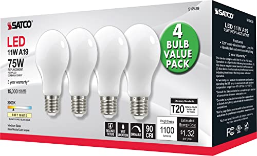 Image of Satco S12439, A19 LED Light Bulbs, 75W Replacement, 3000K, 4-Pack, LED Lamp | Dimmable, 320 beam spread, E26 medium base, 15,000-hour life, Warm white illumination