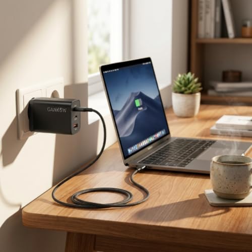Image of Scalebee 65W GaN Charger Adapter with USB-C Cable, 3-Port | 2 Type-C, 1 USB-A, PD 3.0 Fast Charging, For MacBook Pro /Air, iPhone 15 /14, iPad, Samsung Galaxy, Laptops, Wall Power Adapter