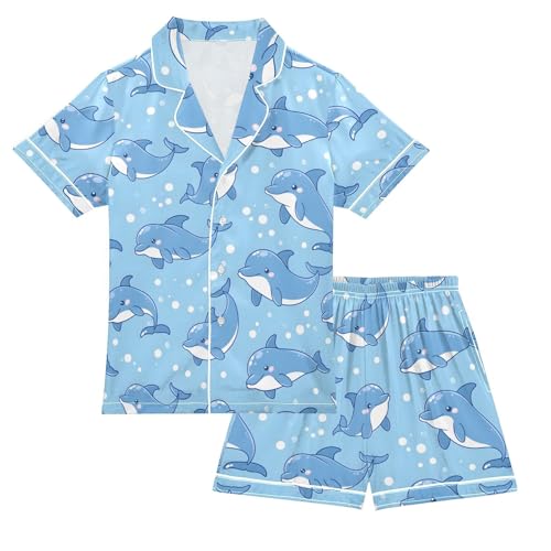 ALAZA Cute Dolphin Bubble Blue Satin Pajamas Set Short Sleeve Button Down Sleepwear Summer Pjs 2 Piece