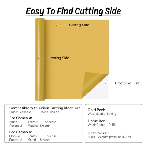 Image of HTVRONT HTV Vinyl Rolls Heat Transfer Vinyl, Gold, 12 inch x 5ft | Iron on Vinyl for T-Shirts, HTV Vinyl for All Cutter Machine, Easy to Cut & Weed, For Heat Vinyl Design