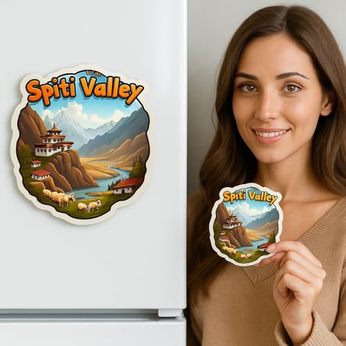 Image of Naxon Spiti Valley Fridge Magnet | Key Monastery Himalayan Road Trip Souvenir | Snow Mountains & Adventure Travel Decor | Home Kitchen Office Refrigerator Magnet | 3x3 Inch Wooden Multicolor Gift