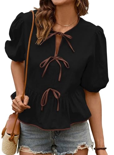Plus Size Tops for Women Cute Peplum Shirts Spring Trendy Puff Sleeve Blouses Black Round Neck Bohemian Basic Tee Bowknot Light XXL Going Out