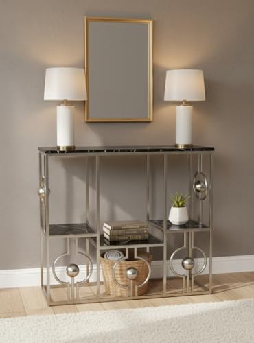 Image of Console Table with Storage, Modern Engineered Wood, Gold Metal Frame with Decorative Spheres, 30x30x7.5 Inch (Gry Black)