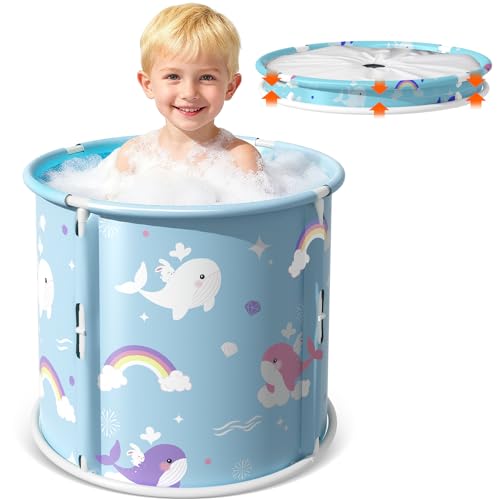 Portable Bathtub, Foldable Bathtub for Kids, Boys and Girls, Therapy Tub for Shower Stall Bathroom Fold Up Japanese Soaking Hot SPA Bath Tub, Outside Ice Bath 21.65''x23.62''(Ocean World Blue)