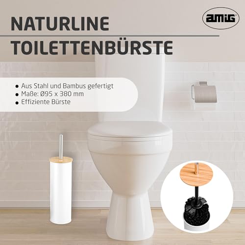 Amig - WC-Bürstenhalter Naturline - Ø95 x 380 mm - Edelstahl und Bambus - Farbe Weiß - Robuste und Elegante WC-Bürste - Natürliches Design passend für jedes Badezimmer