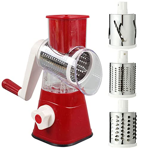 Hkm Brothers-Rotary Cheese Grater With Handle - Food Shredder With 3 Stainless Steel Drum Blades, Round Mandoline Slicer Nuts Grinder, Bpa Free Dishwasher Safe (Red) #TOP11