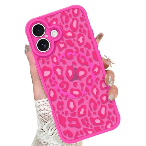 Image of KANGHAR Case for iPhone 16 Hot Pink Leopard Printed Pattern | Cute Cheetah [Compatible with Magsafe] Protective Magnetic Case for Girls Women 6.1 inch