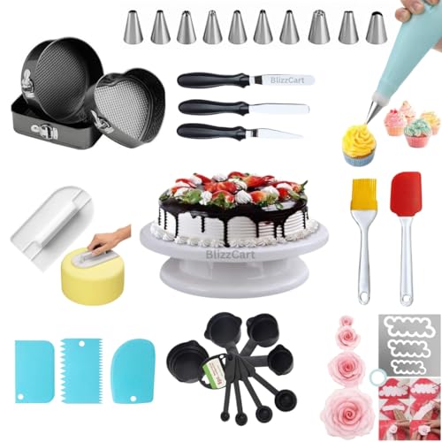 BlizzCart Cake Decorating Kit with Rotating Turntable, Piping Nozzles, Spatulas, 3 Scrapers, 8 Pcs Measuring Spoons, 3 Pcs Cake Mould,BPA Free