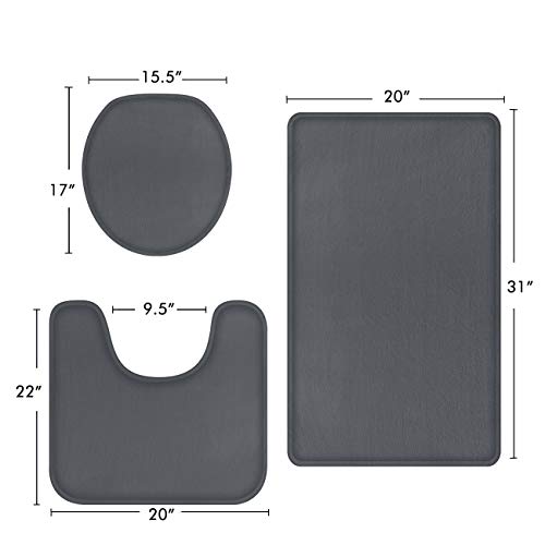 Feelso Memory Foam Bath Mat Set, 3 Piece Bathroom Rugs Non Slip And Absorbent Mats, 20X31 Inches Floor Mat, 20X22 Inches U-Shaped Contour Rug And Toilet Lid Cover For Tub Shower & Bath Room, Gray #TOP5