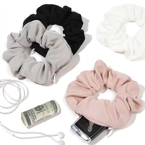 4 Stück Damen-Haargummis mit Reißverschluss - Reise Gadgets Versteck Geld,Gadget Geheimfach Urlaub, Geldversteck Reise Haargummi - Elastische Zopfgummis für Mädchen Damen Frauen Pferdeschwanz