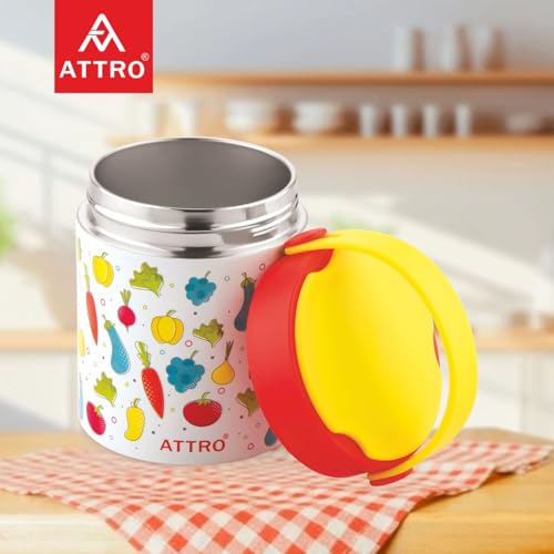 Image of ATTRO Happy Go Vacuum Insulated ISI Certified Stainless Steel Soup Jar 500ml, Leakproof, Long Temperature Retention for Kids & Adults,Ideal for School,Office,Picnic & Travel - Fruity Veggie Fun Yellow