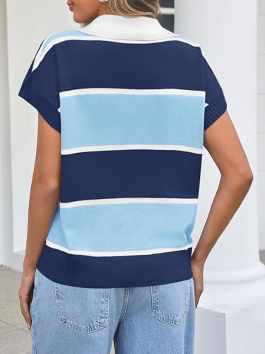Image of Saodimallsu Women's V Neck Button Down Striped Short Sleeve Knit Sweater