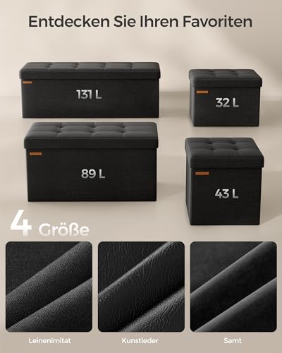 SONGMICS Sitzhocker mit Stauraum, klappbare Sitzbank, 38 x 76 x 38 cm Fußbank, Aufbewahrungsbox, bis 300 kg belastbar, für Wohnzimmer Schlafzimmer Flur, tintenschwarz LSF047B01