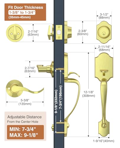 Image of Brightify Brushed Gold Front Door Lock Set, Keyed Entry Door Handle with Deadbolt for Home Security, Reversible Left /Right-Hand, Adjustable Latch, Fits 1-3 /8 inch to 1-3 /4 inch Door Thickness