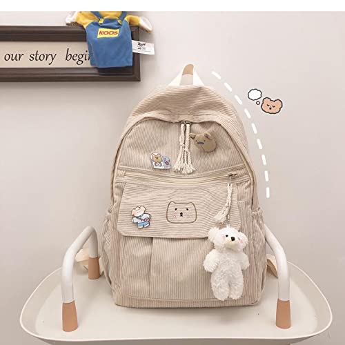 YUESUO Large Kawaii Corduroy Backpack with Cute Bear Pendant Vintage Bag for Girl Student School Bag Bookbag Satchel Laptop (Beige,Medium) - Image 4