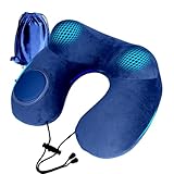 ネックピロー 首枕 携帯枕 U型 旅行用 旅行便利グッズ 収納袋 洗えるカバー エアーピロー プレス式膨らませる ネックピロー 飛行機 オフィスグッズ 自宅 バス (ブルー)