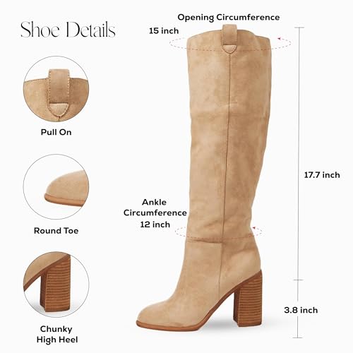 Erocalli Suede Knee-High Boots Fall Boot For Women Chunky Block High Heel Slouch Fashion Boot Round Toe Side Zipper