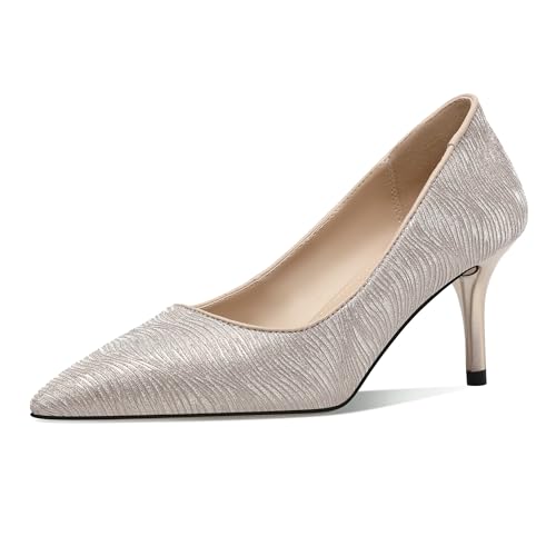 CosyFever FDC00065 - Zapatos de tacón de poliuretano para mujer, cómodos, de corte bajo, puntera puntiaguda, color liso, Plateado, 6.5