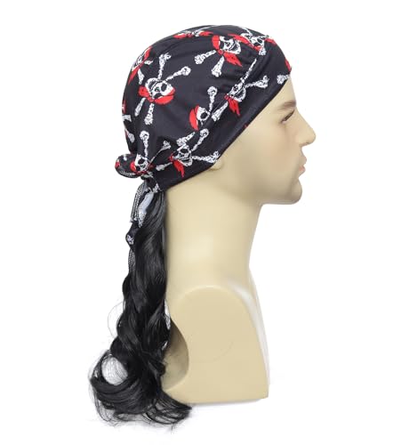 Image of Skull Bandana Mullet Wig for Men Women,80s Retro Wig with Pirate Durag, Perfect for Halloween, 4th of July, Country Concert, Biker Redneck Costume (Black)