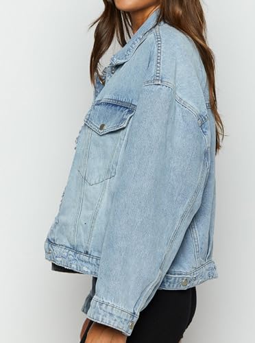 Women Distressed Light Wash Oversized Denim Jacket3