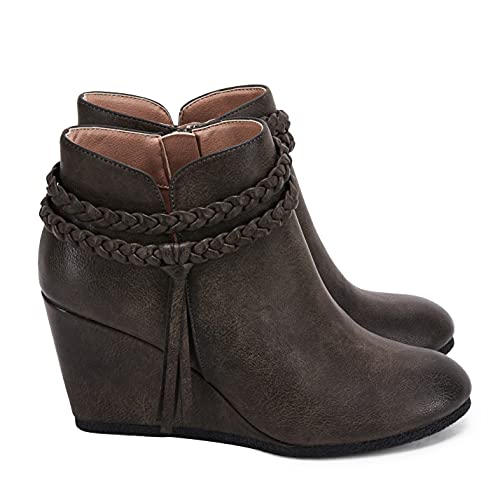 Image of Fashare Womens Wedge Ankle Boots Braided Fringe Strap Western Heeled Fall Booties Dress Shoes