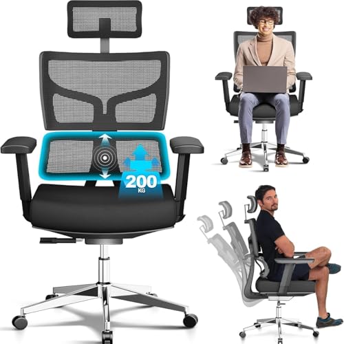 MELOKEA 200kg Portata Sedia da Ufficio Ergonomica per Persone Pesanti, Sedia XL Grande per Obesi con Supporto Lombare Automatico, Braccioli 3D, Inclinazione 122°, EN12520 (Nero)