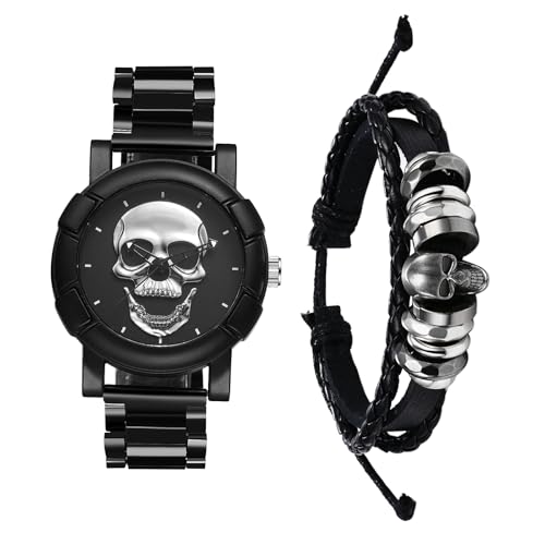 JewelryWe Montre Homme Acier Inoxydable: Ensemble Bracelet Cuir Tressé et Montre Bracelet Acier Cadran Crâne Tête de Mort Gothique Punk Analogique Quartz -...