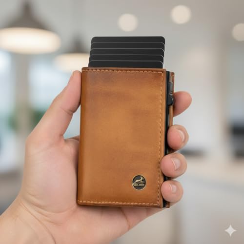 Fa.Volmer POP-UP etui na karty z przegródką na monety z prawdziwej skóry dla mężczyzn i kobiet | 11 kart | ochrona RFID | portfel, koniak, XL MÜNZFACH, Kieszeń na monety, mała