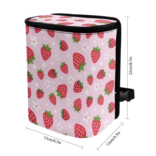 Image of Pink Strawberry Car Trash Can with Lid - Collapsible Waterproof Garage Bag, Reusable Hanging Cute Automotive Garbage Bin, Adjustable Strap, Interior Organizer