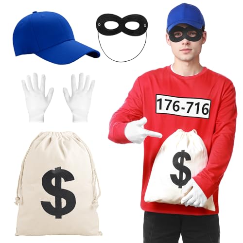 Angenster Disfraz de atracadores de bancos para hombre, camiseta de cascanueces, disfraz de carnaval con camiseta de manga larga, máscara, guantes, camiseta para hombre, bandidos, carnaval, disfraces