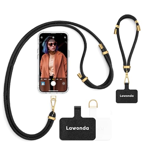 Lawonda 2 Pads Phone Lanyard Adjustable Crossbody Cell Phone Neck Strap Universal Mobile Phone Wrist Lanyard + 2pcs Cellphone Patch Tether Tab for Travel Essentials Black