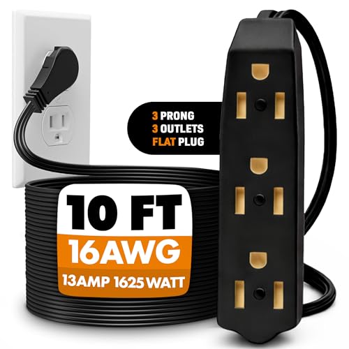 Bindmaster Flat Plug Extension Cord 10 FT Black 3 Outlet 3 Prong Grounded Indoor Extension Cord Low Profile Wall Hugger Angled Plug 16/3 Heavy Duty Power Cord 13A 125V for Home Office TV Desk Dorm