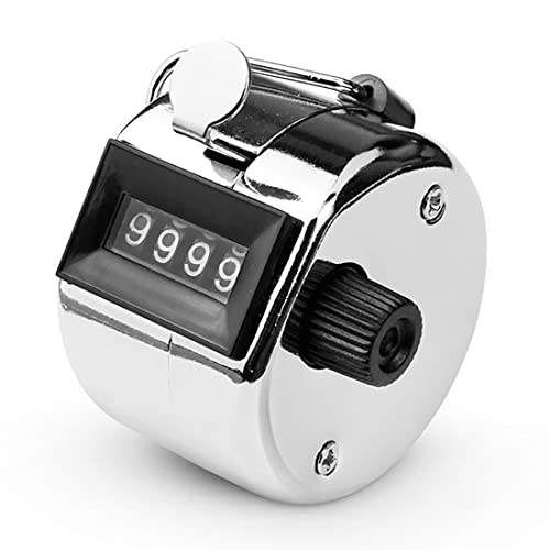 KSZNZB Hand Tally Counter,4 Digit Display Clicker Counter Metal Mechanical Handheld Pitch Counter Clicker with Finger Ring for Row Sport Coach School Event - Silver (1 Pcs)