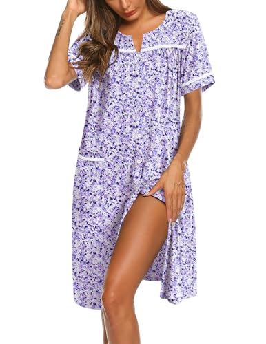 Image of Ekouaer Nightgowns for Women House Dress with Pockets Button Down Sleepshirt Short Sleeve Nightshirt Housecoat