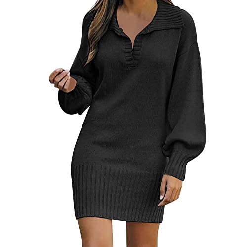 Briskorry Robe d'hiver pour femme - Col en V - Manches longues - En tricot - Robe festive - Chaud - Robe courte - Robe en tricot côtelé, Noir , L